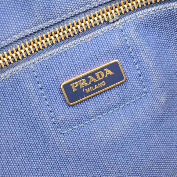 PRADA Milano Logo CANAPA Tote Hand Bag Canvas Leather Blue Gold - Picture 6 of 16